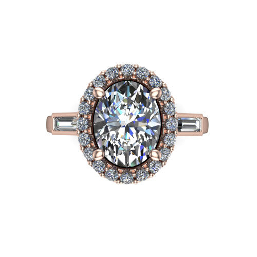 Lorelai oval halo engagement ring in 14K Rose Gold, top-down view showing the center diamond framed by a pav&eacute; halo and flanked by two tapered baguette side stones