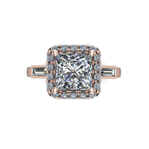 Lorelai princess halo engagement ring in 18K Rose Gold, top-down view showing the center diamond framed by a pav&eacute; halo and flanked by two tapered baguette side stones