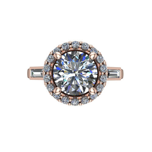 Lorelai round halo engagement ring in 18K Rose Gold, top-down view showing the center diamond framed by a pav&eacute; halo and flanked by two tapered baguette side stones