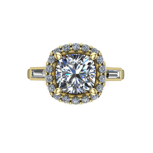 Lorelai cushion halo engagement ring in 18K Yellow Gold, top-down view showing the center diamond framed by a pav&eacute; halo and flanked by two tapered baguette side stones