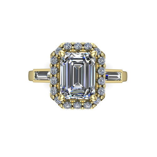 Lorelai emerald halo engagement ring in 14K Yellow Gold, top-down view showing the center diamond framed by a pav&eacute; halo and flanked by two tapered baguette side stones