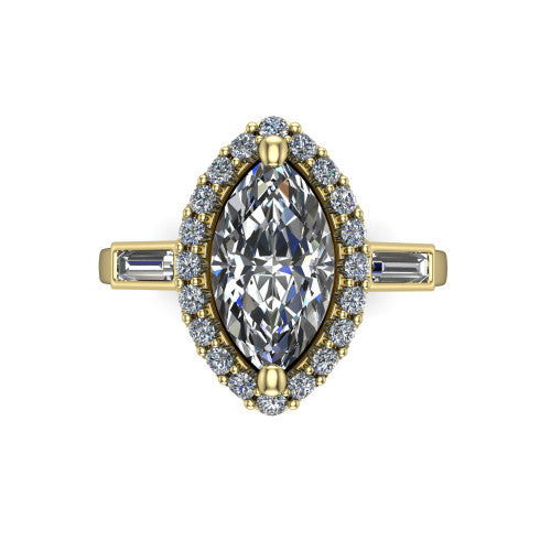 Lorelai marquise halo engagement ring in 14K Yellow Gold, top-down view showing the center diamond framed by a pav&eacute; halo and flanked by two tapered baguette side stones