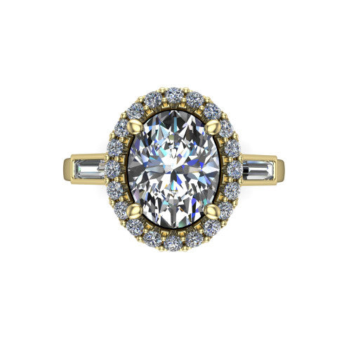 Lorelai oval halo engagement ring in 18K Yellow Gold, top-down view showing the center diamond framed by a pav&eacute; halo and flanked by two tapered baguette side stones
