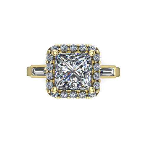 Lorelai princess halo engagement ring in 18K Yellow Gold, top-down view showing the center diamond framed by a pav&eacute; halo and flanked by two tapered baguette side stones