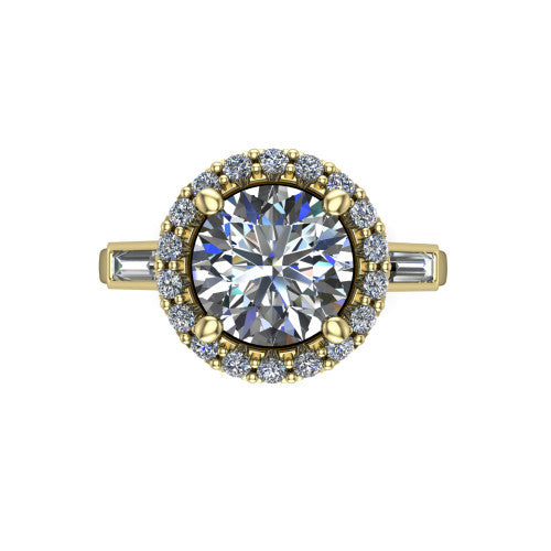 Lorelai round halo engagement ring in 14K Yellow Gold, top-down view showing the center diamond framed by a pav&eacute; halo and flanked by two tapered baguette side stones