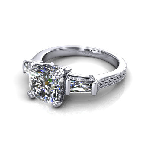 Camille cushion three stone engagement ring in 14K White Gold, three-quarter perspective showing the center diamond between two tapered baguette side stones above a hand-engraved band