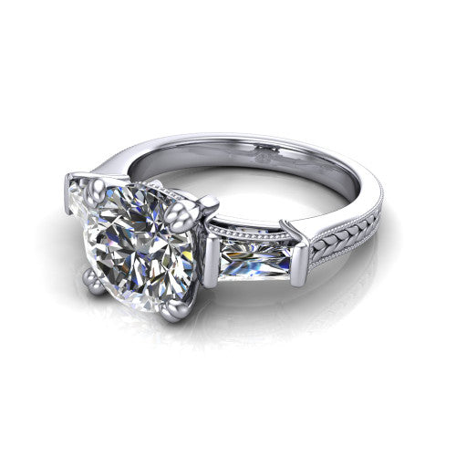 Camille round three stone engagement ring in 14K White Gold, three-quarter perspective showing the center diamond between two tapered baguette side stones above a hand-engraved band