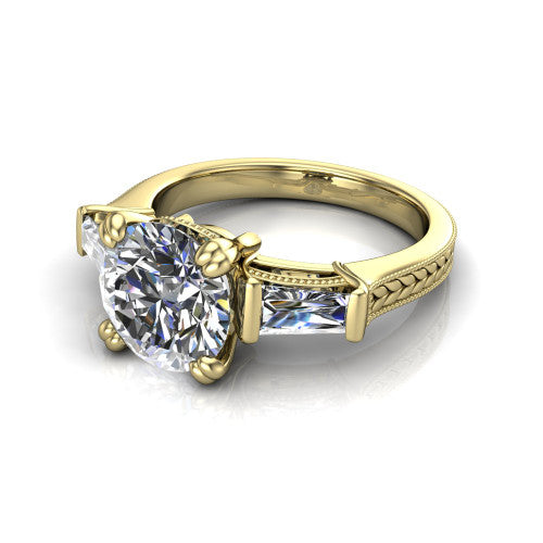 Camille round three stone engagement ring in 18K Yellow Gold, three-quarter perspective showing the center diamond between two tapered baguette side stones above a hand-engraved band