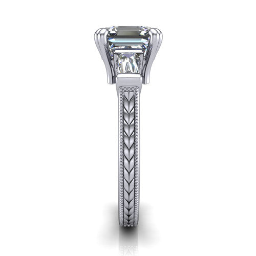 Camille asscher three stone engagement ring in 14K White Gold, side profile showing the tapered baguette side stone and the hand-engraved wheat pattern down the band