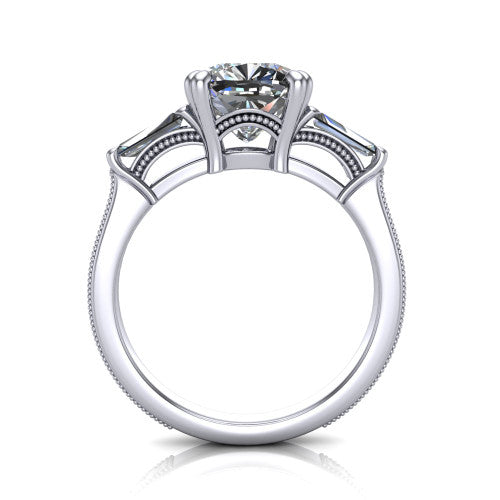 Camille cushion three stone engagement ring in 14K White Gold, through-finger front profile showing the three-stone head raised above the engraved milgrain shank