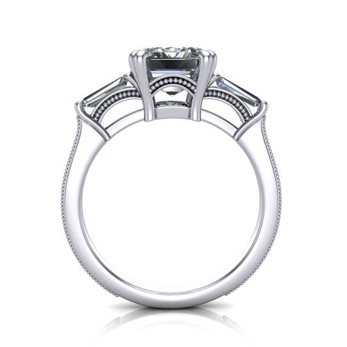 Camille emerald three stone engagement ring in 14K White Gold, through-finger front profile showing the three-stone head raised above the engraved milgrain shank