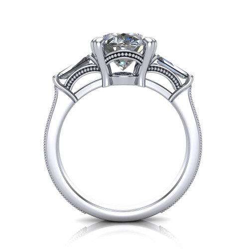 Camille oval three stone engagement ring in Platinum, through-finger front profile showing the three-stone head raised above the engraved milgrain shank
