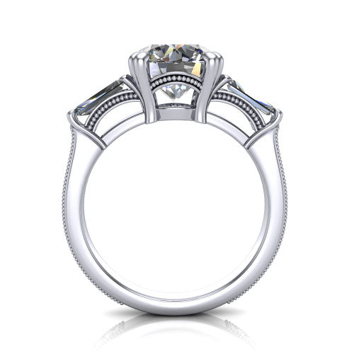 Camille round three stone engagement ring in Platinum, through-finger front profile showing the three-stone head raised above the engraved milgrain shank