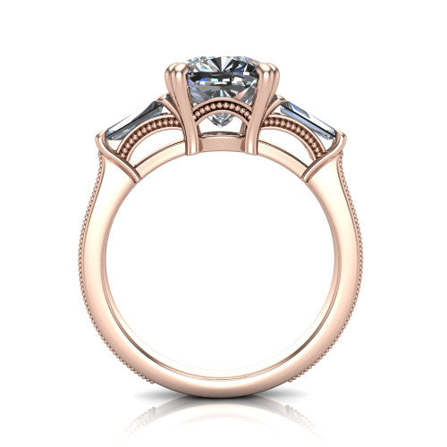 Camille cushion three stone engagement ring in 18K Rose Gold, through-finger front profile showing the three-stone head raised above the engraved milgrain shank