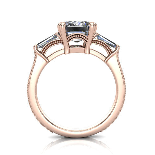 Camille emerald three stone engagement ring in 14K Rose Gold, through-finger front profile showing the three-stone head raised above the engraved milgrain shank