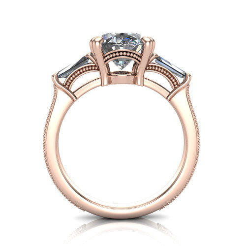 Camille oval three stone engagement ring in 14K Rose Gold, through-finger front profile showing the three-stone head raised above the engraved milgrain shank