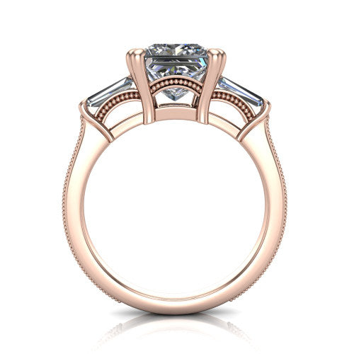 Camille princess three stone engagement ring in 14K Rose Gold, through-finger front profile showing the three-stone head raised above the engraved milgrain shank
