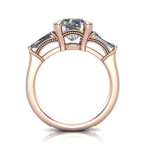 Camille round three stone engagement ring in 18K Rose Gold, through-finger front profile showing the three-stone head raised above the engraved milgrain shank