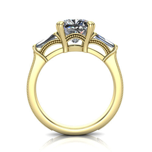 Camille cushion three stone engagement ring in 14K Yellow Gold, through-finger front profile showing the three-stone head raised above the engraved milgrain shank