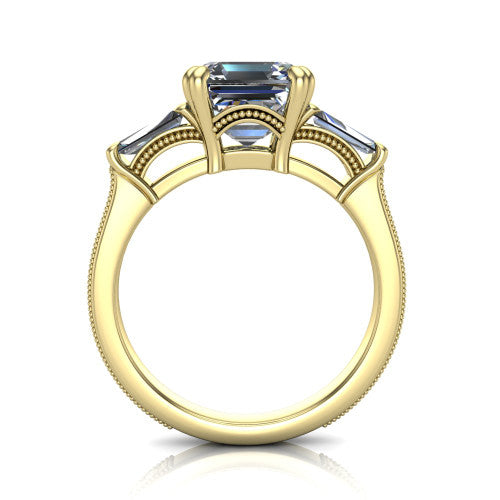 Camille asscher three stone engagement ring in 14K Yellow Gold, through-finger front profile showing the three-stone head raised above the engraved milgrain shank