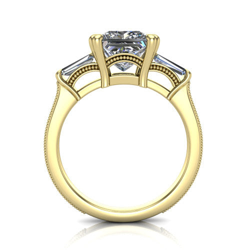 Camille princess three stone engagement ring in 14K Yellow Gold, through-finger front profile showing the three-stone head raised above the engraved milgrain shank