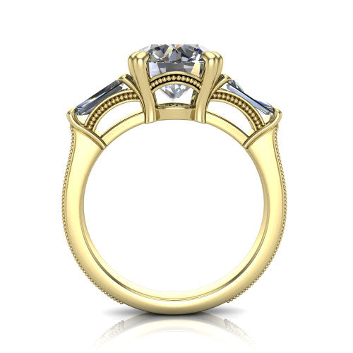 Camille round three stone engagement ring in 18K Yellow Gold, through-finger front profile showing the three-stone head raised above the engraved milgrain shank