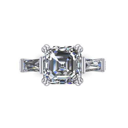 Camille asscher three stone engagement ring in 14K White Gold, top-down view showing the center diamond flanked by two tapered baguette side stones in a three stone setting