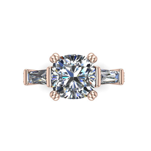 Camille cushion three stone engagement ring in 14K Rose Gold, top-down view showing the center diamond flanked by two tapered baguette side stones in a three stone setting