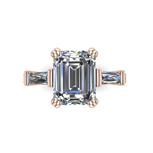 Camille emerald three stone engagement ring in 14K Rose Gold, top-down view showing the center diamond flanked by two tapered baguette side stones in a three stone setting