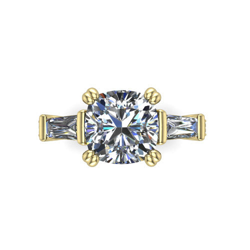 Camille cushion three stone engagement ring in 14K Yellow Gold, top-down view showing the center diamond flanked by two tapered baguette side stones in a three stone setting
