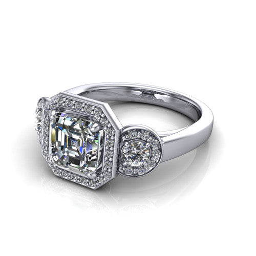 Wrenley asscher halo engagement ring in 14K White Gold, three-quarter perspective showing the haloed center raised above a slim polished band