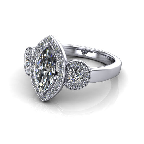 Wrenley marquise halo engagement ring in 18K White Gold, three-quarter perspective showing the haloed center raised above a slim polished band