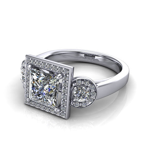 Wrenley princess halo engagement ring in 14K White Gold, three-quarter perspective showing the haloed center raised above a slim polished band