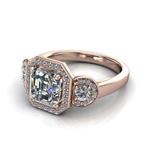 Wrenley asscher halo engagement ring in 18K Rose Gold, three-quarter perspective showing the haloed center raised above a slim polished band