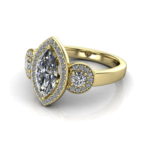 Wrenley marquise halo engagement ring in 14K Yellow Gold, three-quarter perspective showing the haloed center raised above a slim polished band
