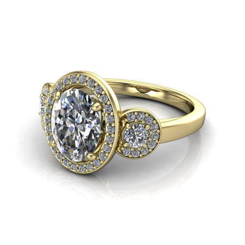 Wrenley oval halo engagement ring in 14K Yellow Gold, three-quarter perspective showing the haloed center raised above a slim polished band