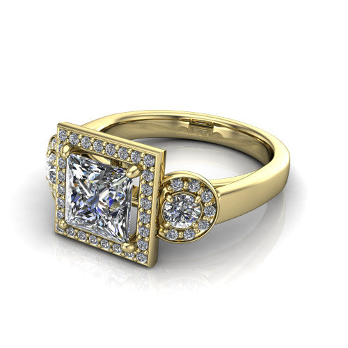Wrenley princess halo engagement ring in 18K Yellow Gold, three-quarter perspective showing the haloed center raised above a slim polished band