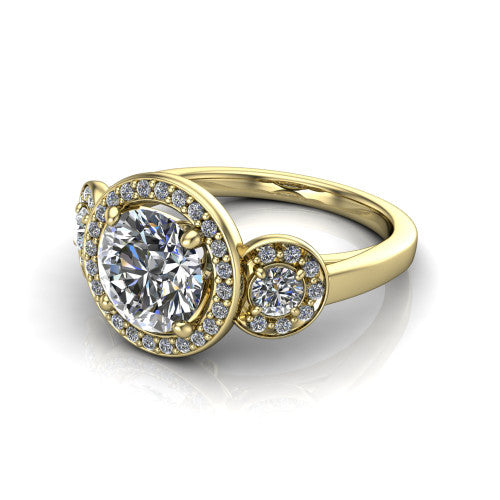 Wrenley round halo engagement ring in 18K Yellow Gold, three-quarter perspective showing the haloed center raised above a slim polished band