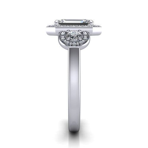 Wrenley emerald halo engagement ring in 14K White Gold, side profile showing the halo and the smooth tapered polished band