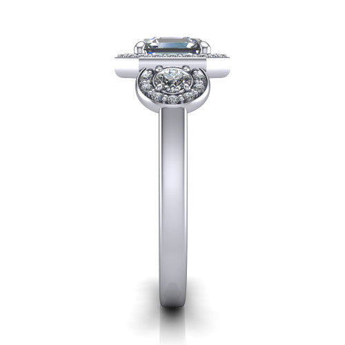 Wrenley asscher halo engagement ring in 14K White Gold, side profile showing the halo and the smooth tapered polished band