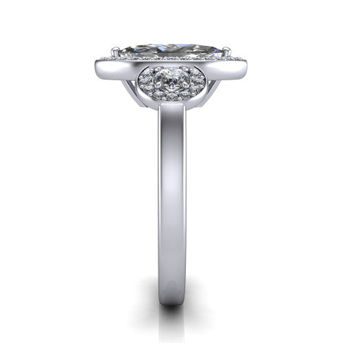 Wrenley marquise halo engagement ring in 18K White Gold, side profile showing the halo and the smooth tapered polished band