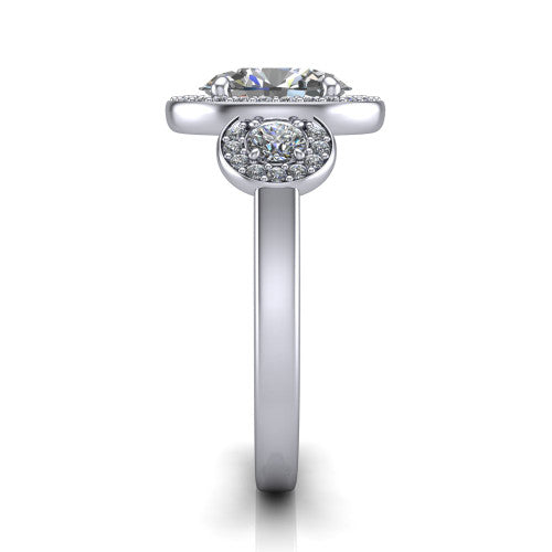 Wrenley oval halo engagement ring in 18K White Gold, side profile showing the halo and the smooth tapered polished band