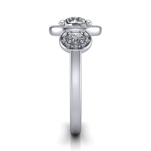 Wrenley round halo engagement ring in Platinum, side profile showing the halo and the smooth tapered polished band