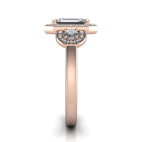 Wrenley emerald halo engagement ring in 18K Rose Gold, side profile showing the halo and the smooth tapered polished band