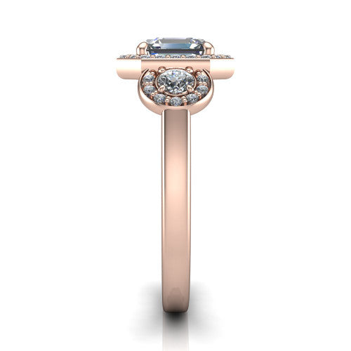 Wrenley asscher halo engagement ring in 14K Rose Gold, side profile showing the halo and the smooth tapered polished band