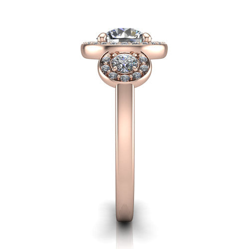 Wrenley round halo engagement ring in 18K Rose Gold, side profile showing the halo and the smooth tapered polished band