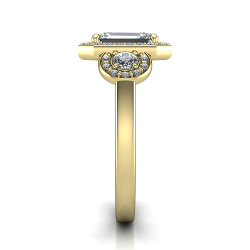 Wrenley emerald halo engagement ring in 18K Yellow Gold, side profile showing the halo and the smooth tapered polished band