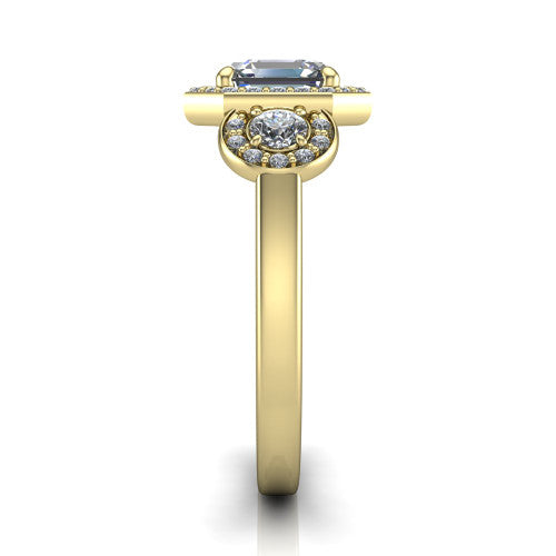 Wrenley asscher halo engagement ring in 14K Yellow Gold, side profile showing the halo and the smooth tapered polished band