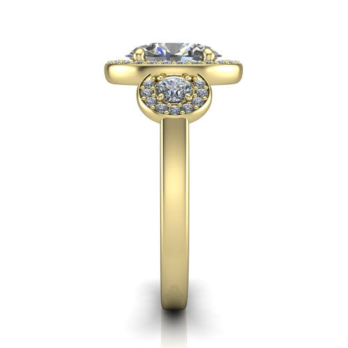 Wrenley oval halo engagement ring in 14K Yellow Gold, side profile showing the halo and the smooth tapered polished band