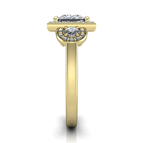 Wrenley princess halo engagement ring in 18K Yellow Gold, side profile showing the halo and the smooth tapered polished band